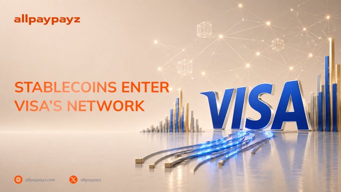 A promotional graphic with the text "STABLECOINS ENTER VISA'S NETWORK" alongside the Visa logo, set against a stylized background of glowing network nodes, digital cubes, and bar graph elements, visually reinforcing the announcement of Visa launching its new Stablecoin Platform on July 16.