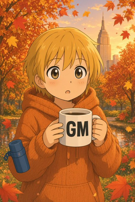 An anime-style illustration of a blonde character in an orange hoodie holding a white mug labeled 'GM' in an autumn park setting with a city skyline in the background.