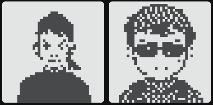 Two pixel-art style gray and white portraits displayed side by side in a digital frame.