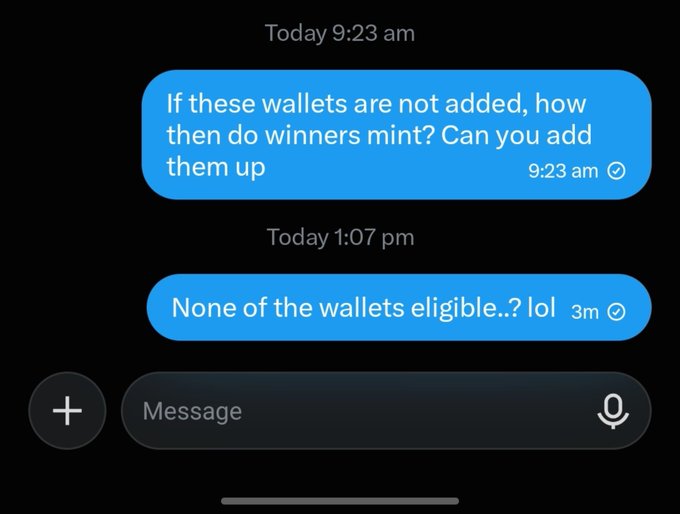 A screenshot of an iMessage conversation showing unanswered questions sent at 9:23 am and 1:07 pm, with messages reading "If these wallets are not added, how then do winners mint? Can you add them up" and "None of the wallets eligible..? lol." The image illustrates the user's frustration with a team that failed to add winning wallets and ignored their direct messages, supporting the caption's complaint about unresponsive collaborators.