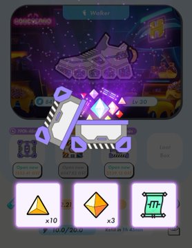 Screenshot of a mobile game showing a shoe NFT called "Walker" with in-game items including a yellow triangle (x10), orange diamond (x3), and a green scroll.