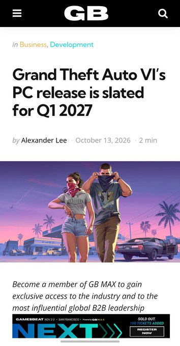 A mobile news article from GameBeat (GB) titled "Grand Theft Auto VI's PC release is slated for Q1 2027" by Alexander Lee, dated October 13, 2026, featuring artwork of two masked characters with a car.