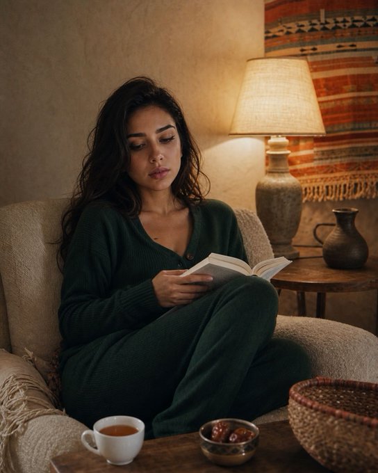 A woman in a dark green knit loungewear set relaxes in a cozy chair reading a book, with a warm lamp, patterned wall tapestry, cup of tea, and bowl of dates nearby.