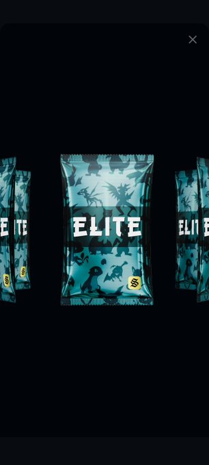 Three teal-colored digital collectible cards or packs labeled 'ELITE' with '$95' stickers, featuring dragon and creature silhouettes against a black background.