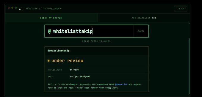 A retro-style terminal interface shows a "REGISTRY // STATUS_CHECK" screen with the name "@whitelisttakip" entered, displaying a status of "under review" and "PASS not yet assigned."