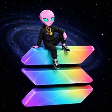 A pink alien character wearing black clothes and gold chains sits on stacked, glowing rainbow-colored parallelograms against a starry space background.