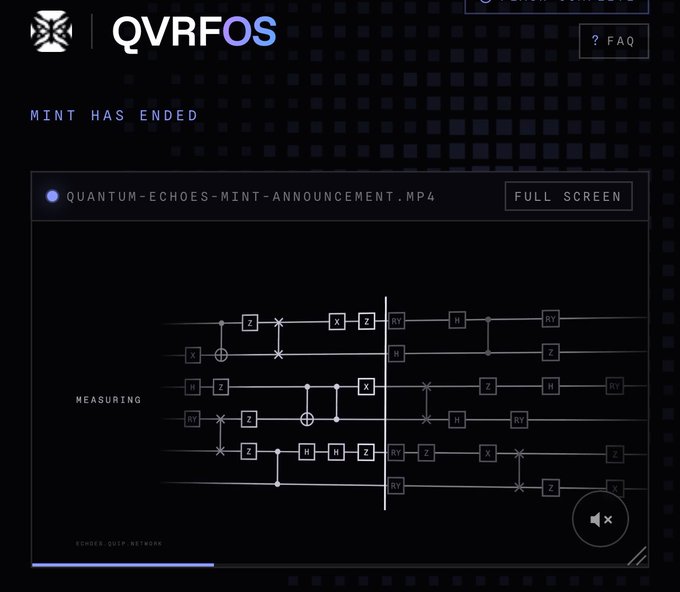 A website for QVRFOS displays "MINT HAS ENDED" and a video player titled "QUANTUM-ECHOES-MINT-ANNOUNCEMENT.MP4" showing a quantum circuit diagram with various logic gates during a measuring operation.