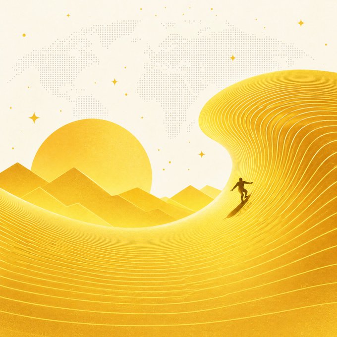 Stylized golden-yellow illustration of a surfer riding a large curling wave with mountains, a sun, and a dotted world map in the background.