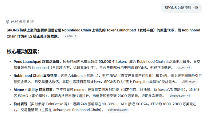 Chinese-language analysis explaining why SPONS token continues to rise, citing its position as the native token of Robinhood Chain's Token Launchpad, with core drivers including high activity, Arbitrum L2, Meme+Utility features, and price data from CoinGecko.