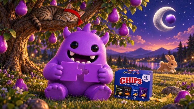 An illustrated scene features a purple monster holding a puzzle piece under a tree bearing purple fruit, alongside a box labeled "CHIPS PARTY PACK" containing brands like Doritos, Andes, M&Ms, and Mu.