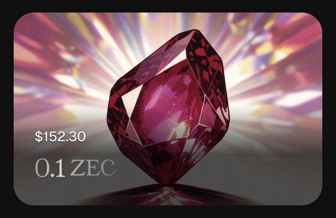A digital rendering of a faceted red gemstone with the text '$152.30' and '0.1 ZEC' indicating a Zcash cryptocurrency transaction.