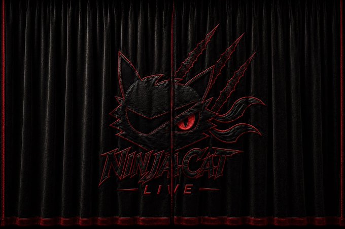 A dark graphic features a stylized black cat head with glowing red eyes and claws scratching through a black curtain background, with the text 'NINJA CAT - LIVE -' at the bottom.