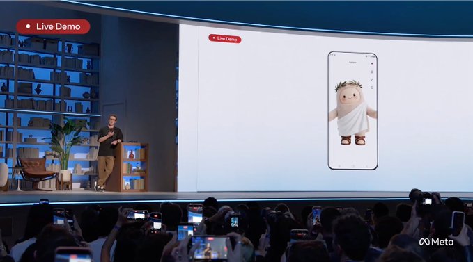 A Meta 'Live Demo' presentation showing a 3D avatar character on a smartphone screen while the audience films with their phones.