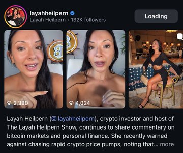 The image shows a social media profile preview for Layah Heilpern (@layahheilpern), a verified crypto investor with 132K followers, featuring three photos of her (with view counts of 2,380 and 4,024) and a bio snippet highlighting her role as host of "The Layah Heilpern Show." The caption aligns with the post by noting she was live on Instagram sharing crypto commentary, supporting the call to engage with her content across platforms.