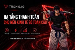 A promotional image for 'TRÒN ĐẢO' (Hollow Arena) featuring a woman in red with text in Vietnamese including 'HÀ TẦNG THÀNH TOÁN' and 'CHỌ NÊN KÍNH TỆ SỐ TOÀN CẦU'.