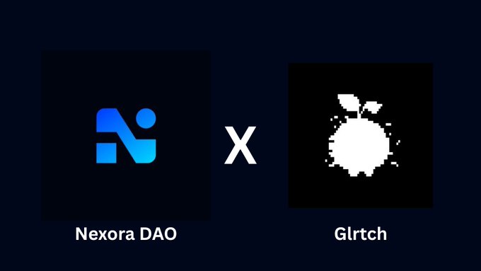 The image displays a collaboration graphic between Nexora DAO and Glrtch, featuring their respective logos—a blue stylized "N" emblem and a pixelated white apple design—separated by an "X" symbol on a dark background. This visual accompanies a flash giveaway announcement offering spots for Glrtch on behalf of the Nexora DAO team, with entry requirements including following both accounts, engaging with the post, and submitting an EVM wallet.
