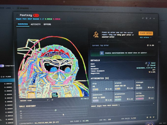 A photograph of a computer monitor displaying an NFT marketplace listing for 'Oregon Poet GRIP Season 1' token number 84, featuring a colorful pixelated skull design with attributes including 'drop 48' and 'created 2024-12-12'.