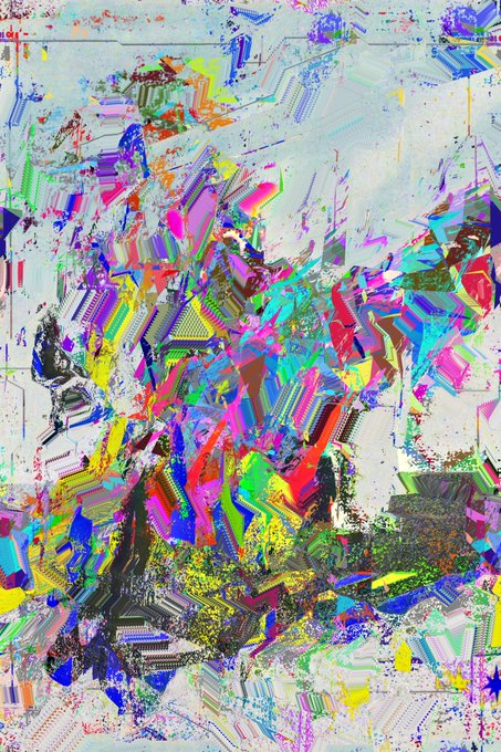 A vibrant abstract painting characterized by chaotic splatters and sharp geometric shards in bright colors like blue, pink, green, yellow, and black.