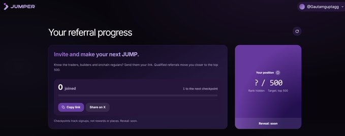 A Jumper waitlist dashboard shows 0 referrals joined with the user ranked at position #500 of the Top 500 ("?/500"), illustrating the "Top 500" incentive highlighted in the accompanying post about joining the Jumper waitlist via the referral link.