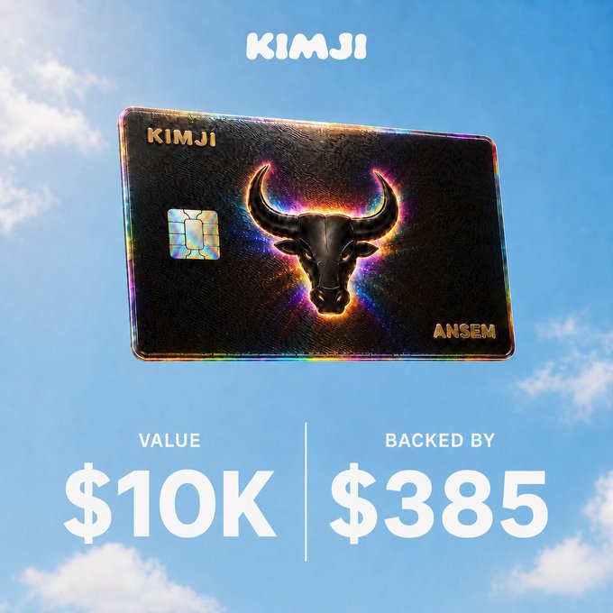 A promotional image for the 'KIMJI' NFT card by ANSEM, featuring a black card with a glowing bull skull design, showing VALUE $10K and BACKED BY $385 against a blue sky background.