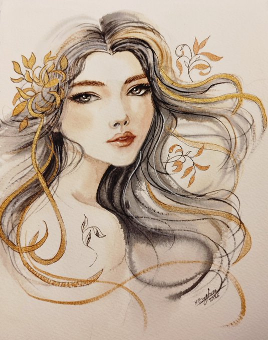 A delicate portrait illustration of a woman with flowing hair adorned with golden floral elements, rendered in watercolor and ink style.