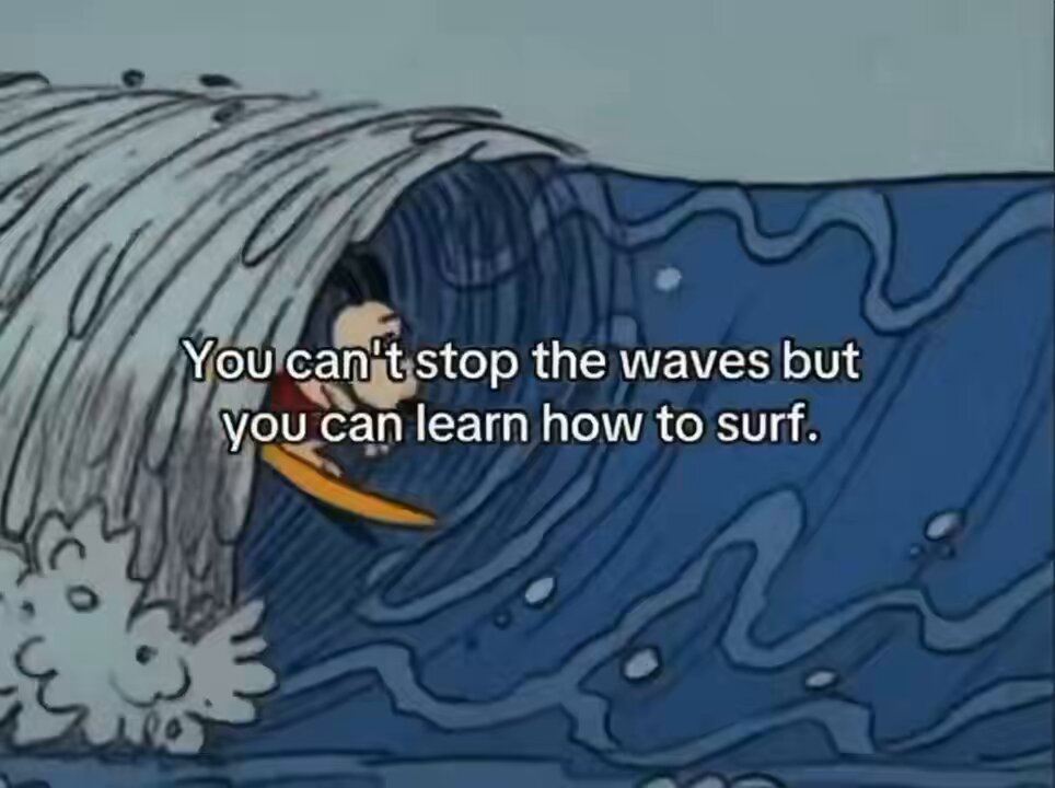 The image features a cartoon character surfing a wave with a surfboard. The text "You can't stop the waves but you can learn how to surf" is written above the scene, which seems to be related to the post about trading crypto on ktx.com.
