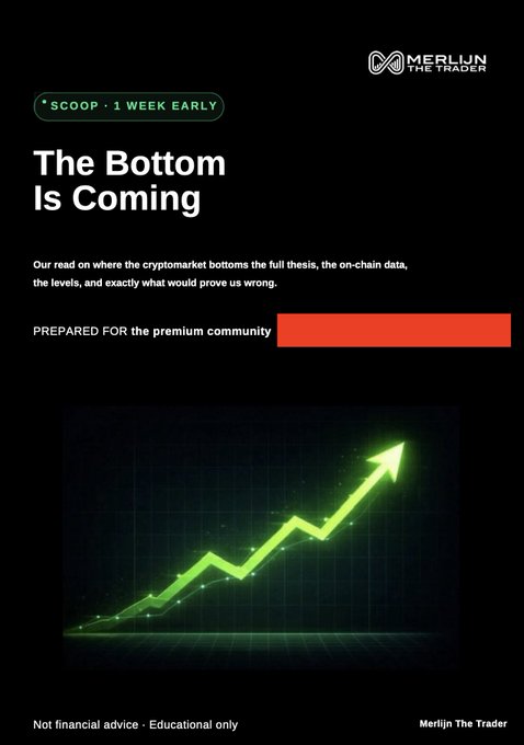 A promotional graphic for 'MERLIJN THE TRADER' featuring the headline 'The Bottom Is Coming' with a glowing green upward-trending chart arrow on a dark background.