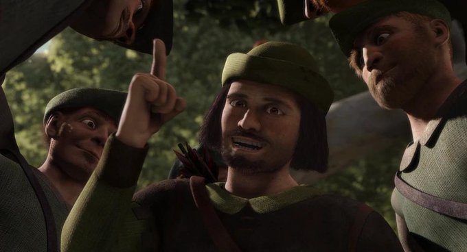 A 3D animated scene shows a man with shoulder-length dark hair and a green cap, smiling and raising his index finger while surrounded by three other men in green hats who look at him intently in a forest setting. The image appears to depict a moment of inspiration or revelation, fitting the post's theme of discovering a "main character" for the $MONSIEUR project, with the central figure embodying the charismatic protagonist the poster feels is still missing from the narrative.