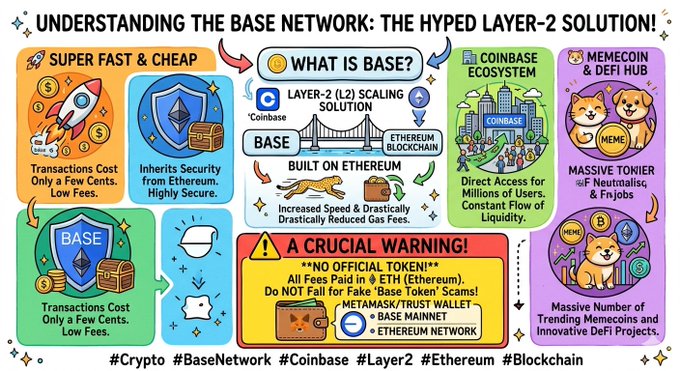 The image shows a colorful poster with various illustrations related to cryptocurrency and blockchain technology, including coins, transactions, and smart contracts. The poster also includes text that explains the concept of Base Layer 2 solution and its importance for understanding the cryptocurrency ecosystem.