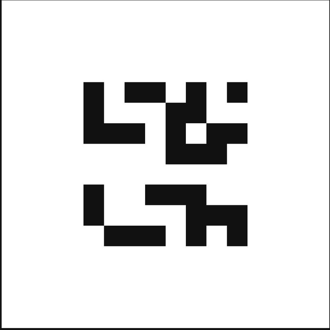 A simple black-and-white pixel art or block-style abstract design on a white background, resembling a QR code or minimalist digital pattern.