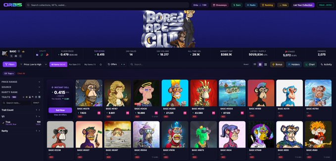 The image features an online store showcasing a collection of 100 unique paintings by various artists, including some of the most famous ones. The paintings are displayed in a grid format with each row containing 10 pieces. There are also several other posts on this website that discuss the art and its value. The post about the paintings is titled "Out of 100 BASC 1/1's only 6 are listed. We collaborated with some of the most famous artists on Solana to create a diverse group of ape art." This suggests that the store has curated an impressive collection, possibly including rare or valuable pieces from well-known artists.