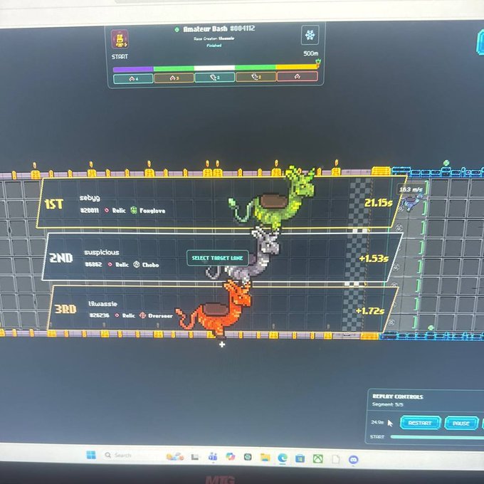 The image shows a computer screen displaying a racing game, likely a pixel art style game like the one found on platforms such as Steam or the App Store. The game features three cartoon characters - two green ones and one orange one - running along a track with numbers displayed above them indicating their positions in the race. The player has completed the first lap of the race and is now at the second position, while the third character is still ahead of both of them. The image also includes text that reads "Sunday afternoon well spent racing in @playgigaverse Jumped into a few races (free entries and paid ones with different buy-ins). Took 1st place and walked away with a nice little profit."