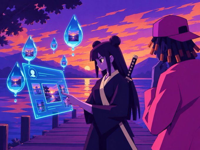 Anime-style illustration of two characters by a lakeside at sunset, with one character interacting with a holographic interface displaying image thumbnails, while glowing water droplets float nearby.
