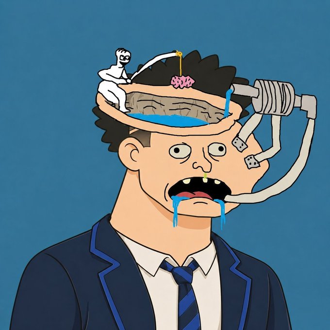An illustration of a man in a suit with his head open, showing a small white figure fishing in his brain with a mechanical arm extracting liquid.