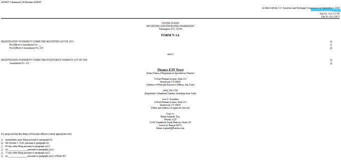 This image shows a cover page of an SEC Form N-1A registration statement for Themes ETF Trust, listing the company addresses in Greenwich, CT and San Francisco, CA, and referencing the Securities Act of 1933 and Investment Company Act of 1940 amendments dated September 30, 2024.

The post describes Themes ETF Trust filing to extend the launch window for its leveraged 2x crypto ETFs (including assets like XRP, Bitcoin, Ether, and Solana) to October 3, 2026, and this SEC filing document represents that exact regulatory filing push.