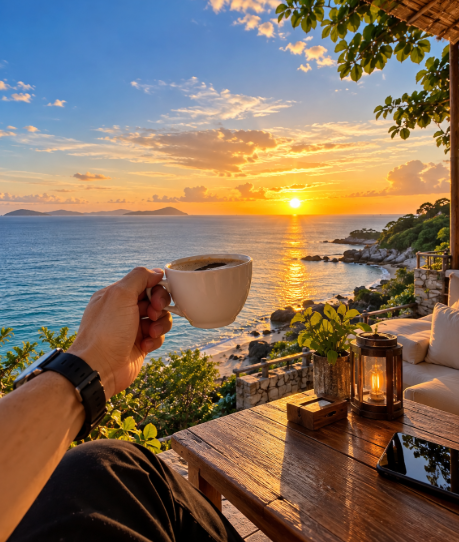 A hand holds a white cup of coffee, overlooking a stunning ocean sunset from a wooden table, complete with a lit lantern and a glimpse of a couch.