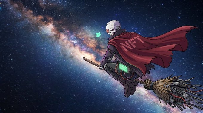 A caped skull wearing a red "NFT" cloak flies through a starry galaxy on a broomstick, carrying a glowing green device labeled "BUY THE DIP," while a small menacing green figure labeled "JEET" lurks in the cosmic distance—matching the post's tale of a heroic diamond-handed skeleton combating the villainous "jeet" threatening the NFT space.