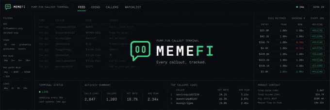A terminal-style dashboard for MEMEFI titled 'PUMP.FUN CALLOUT TERMINAL' with the tagline 'Every callout, tracked', displaying filtering options, call data tables, and terminal status metrics.
