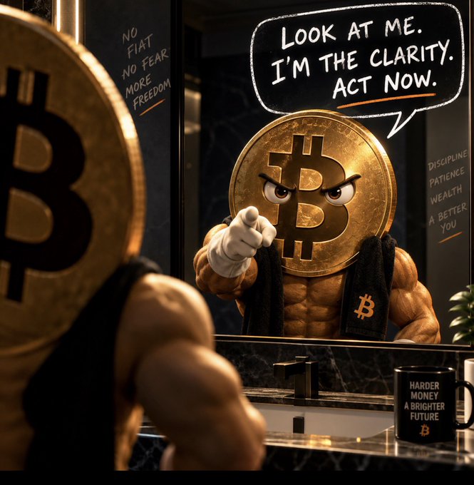 A muscular Bitcoin character angrily points at its reflection in a bathroom mirror, with a speech bubble declaring "LOOK AT ME. I'M THE CLARITY. ACT NOW." while motivational phrases like "DISCIPLINE PATIENCE WEALTH" and a mug reading "HARDER MONEY A BRIGHTER FUTURE" surround the scene—visually embodying the post's message that Bitcoin itself, not external regulation, is the source of monetary clarity.