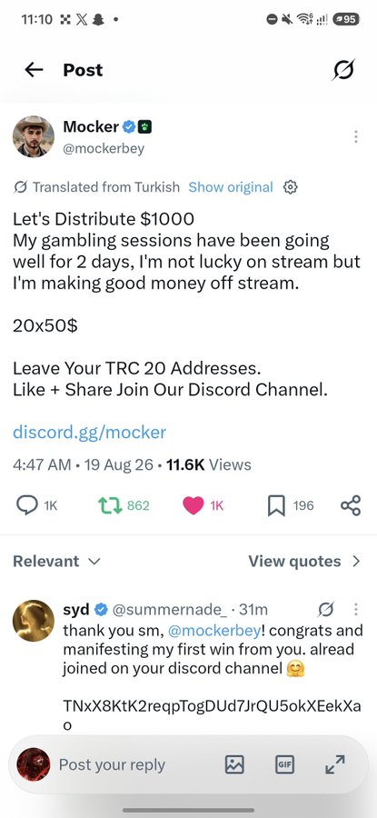 A Twitter/X post by user 'Mocker' (@mockerbey) announcing a TRC 20 giveaway of $1000, with a reply from user 'syd' providing a TRC 20 wallet address (TNxX8KtK2reqpTogDUd7JrQU5okXEekXao).
