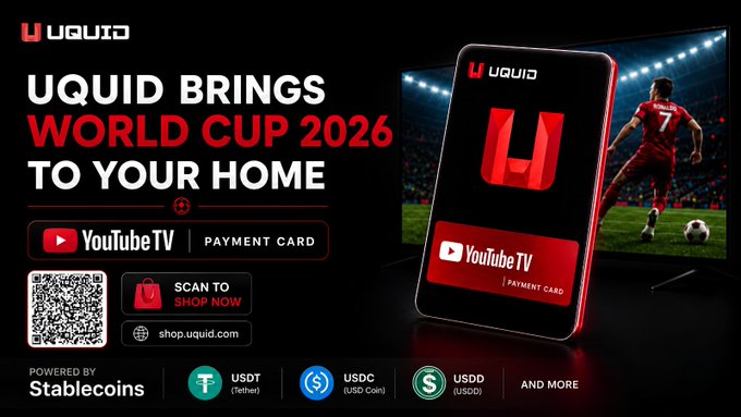 The image features an advertisement for a new payment card called "UQUID" that allows users to pay with their stablecoins (USDC, USDT) from YouTube TV. The main focus of the ad is a smartphone displaying the payment card information, which includes details about how it works and its benefits. The text in the image emphasizes the convenience and low fees associated with using the UQUID payment card for online streaming services like YouTube TV.