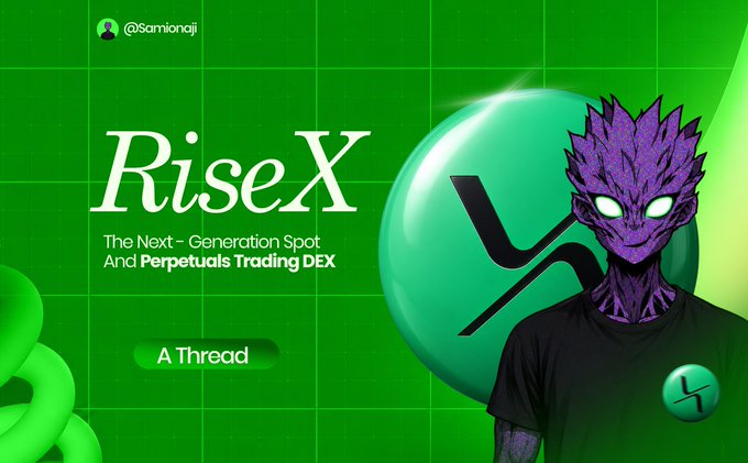 A promotional banner for RiseX featuring a purple dragon-like character in a black shirt against a green gradient background, with the text "RiseX - The Next-Generation Spot And Perpetuals Trading DEX" and "A Thread" alongside the handle "@Scamionji." The image visually reinforces the post's emphasis on RiseX as a next-generation decentralized perpetual trading exchange.