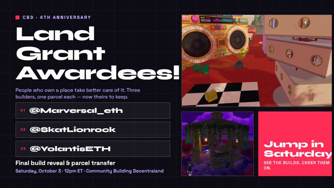 A promotional graphic for 'CBD - 4TH ANNIVERSARY' announcing 'Land Grant Awardees!' with recipients @Marverscl_eth, @SkatLionrock, and @VolcanisETH, noting a 'Final build reveal & parcel transfer' on October 3, alongside screenshots of 3D builds.