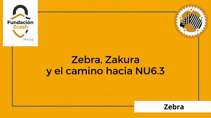 An orange presentation slide from Fundación Zcash (zfnd.org) titled 'Zebra, Zakura y el camino hacia NU6.3' featuring a zebra-striped gear logo and the word 'Zebra' at the bottom.