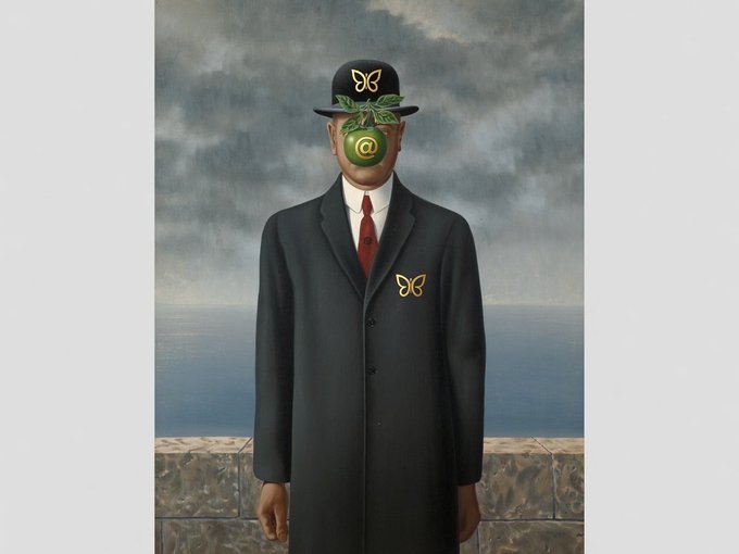 The image features a man dressed in a suit, hat, and tie standing next to a wall with a view of water. The man appears to be wearing a butterfly mask over his eyes, which adds an interesting and unique element to the scene. The caption provided seems unrelated to the main subject matter or the painting itself.