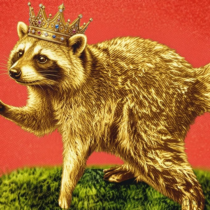 A stylized golden statue of a small bear-like animal wearing a jeweled crown stands on green grass against a red background.