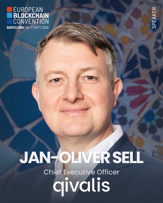 A professional speaker portrait for Jan-Oliver Sell, CEO of qivalis, promoting the European Blockchain Convention in Barcelona on 16-17 Sept 2026.