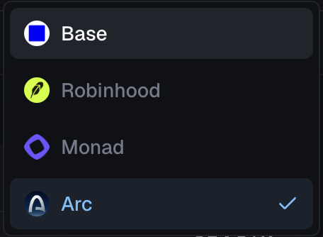 A dropdown menu displays the options "Base," "Robinhood," "Monad," and "Arc" (selected with a checkmark), suggesting Arc is the newly chosen network being teased in the accompanying post.