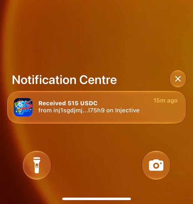 A Notification Centre alert shows "Received 515 USDC from inj1sgdjmj...l75h9 on Injective" 15 minutes ago, indicating an incoming stablecoin payment on the Injective ($INJ) blockchain, which aligns with the post celebrating a crypto transaction.