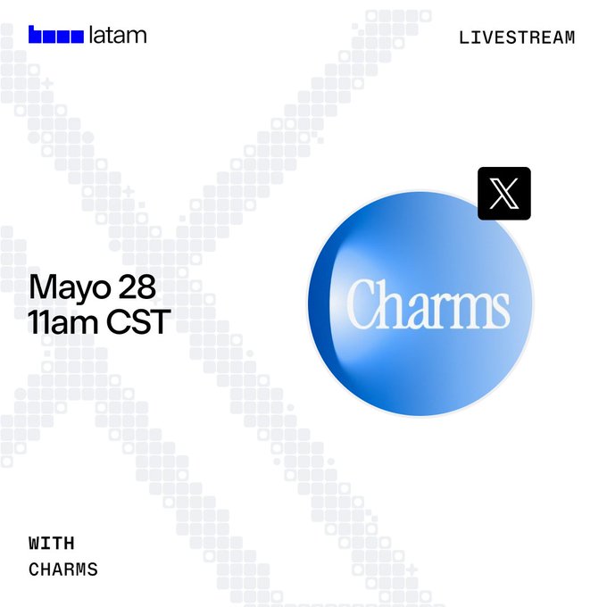 The image features a blue circle with white text that reads "Charms". Below this, there's an x symbol, which could be interpreted as a "cross" or "x-mark", possibly indicating a cancellation or end of a live stream event. The background is white and has black squares arranged in a grid pattern. In the bottom right corner, there are two lines of text that read "With Charms".